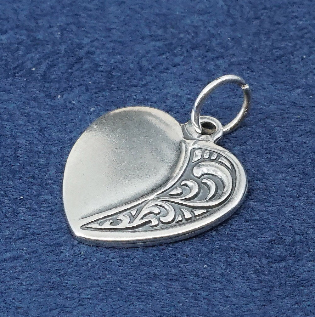 vtg sterling silver handmade pendant, 925 textured heart tag charm
