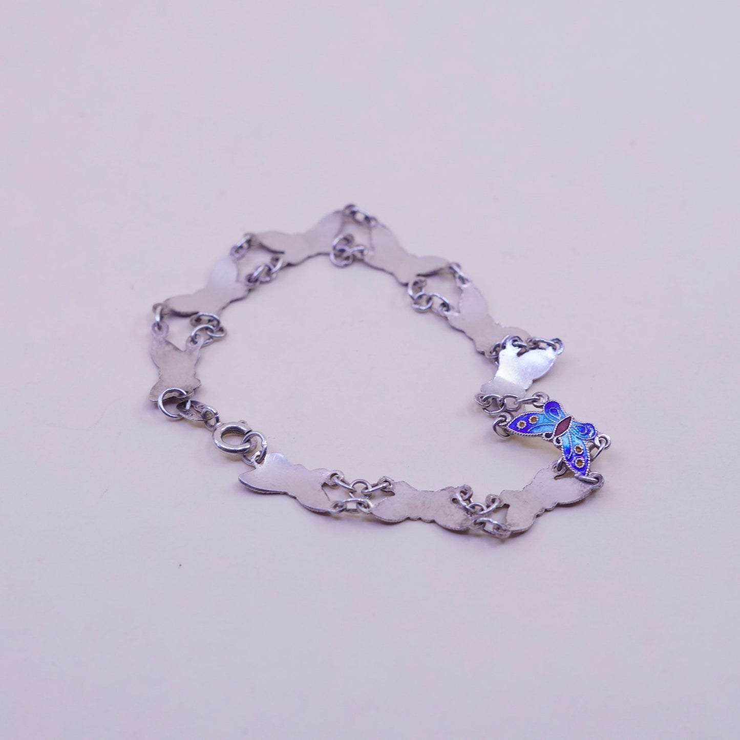 7.75” mexico handmade sterling 925 silver tennis bracelet blue enamel butterfly