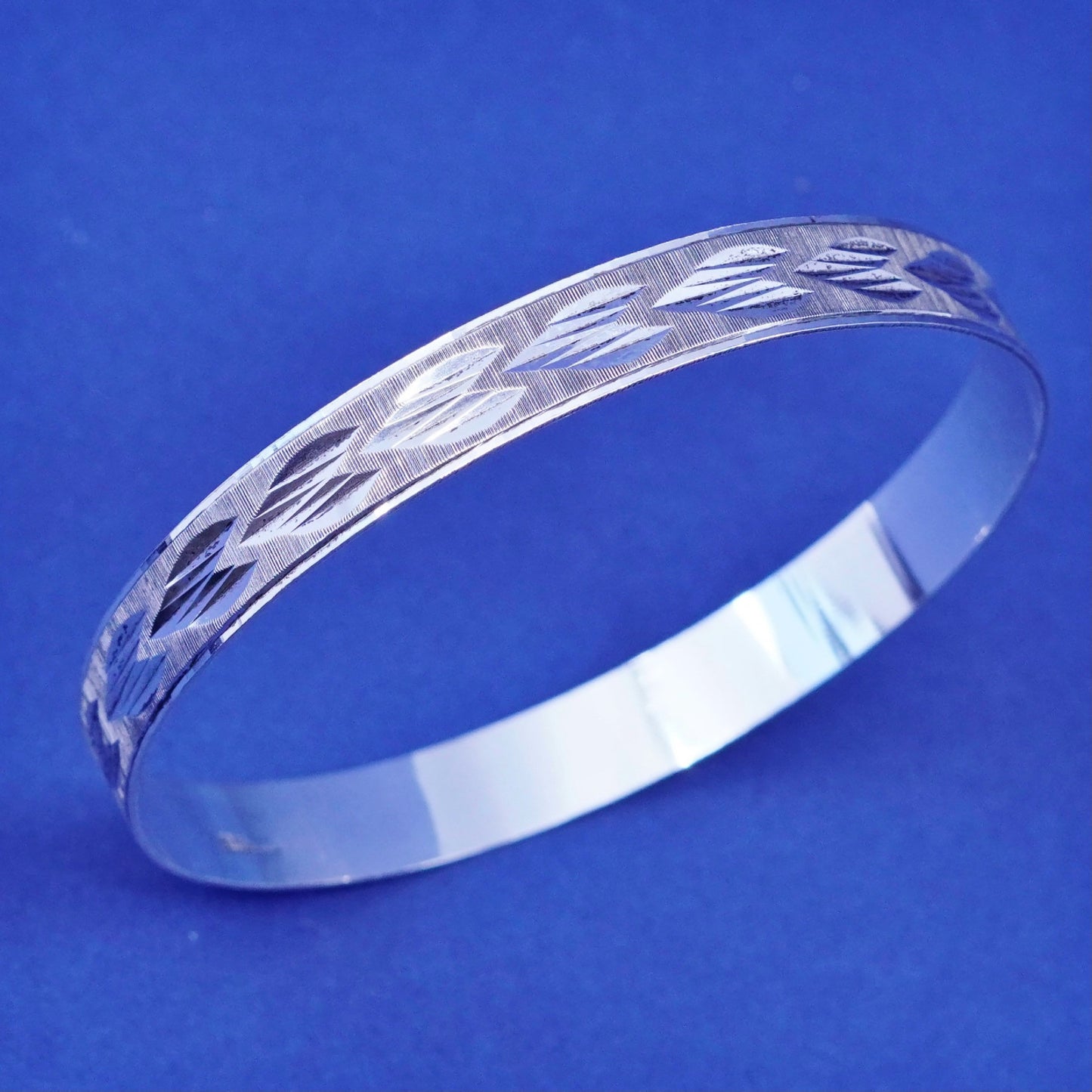 7.25”, vintage silver tone handmade bracelet, textured bangle