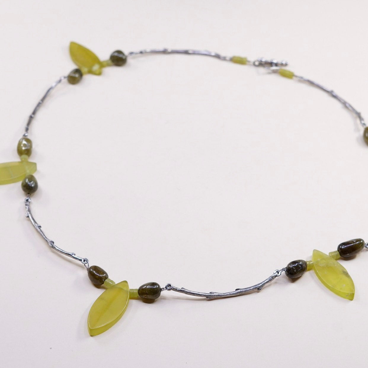 24”, Sterling silver necklace, solid 925 silver flatten bar chain w/ jade