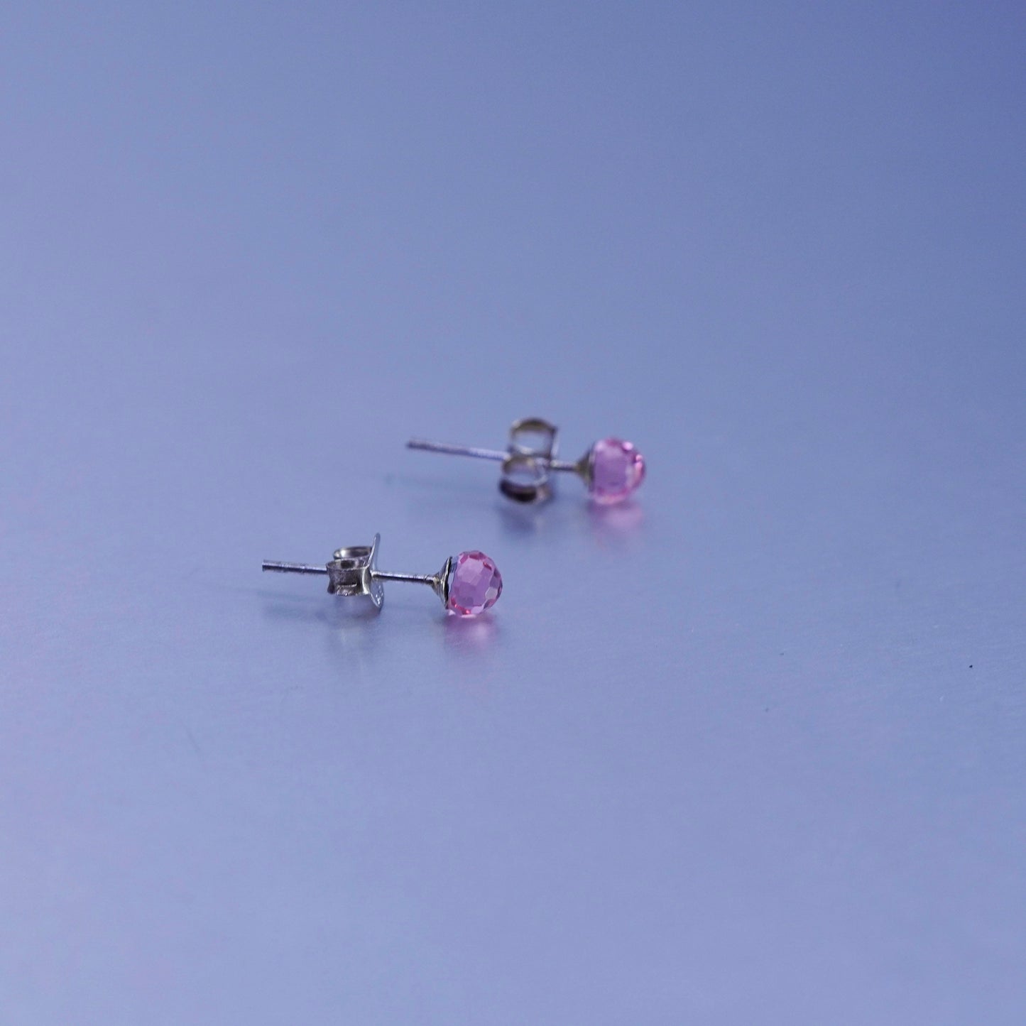 3mm, Vintage Sterling 925 silver earrings, studs with pink cz inlay