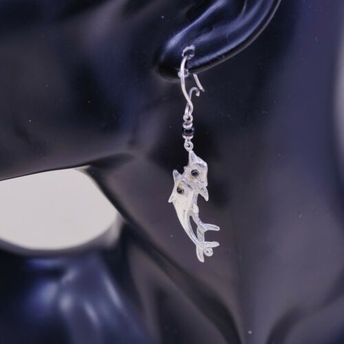 Vintage Sterling 925 Silver Handmade Dolphin Fish dangle earrings W/ Obsidian