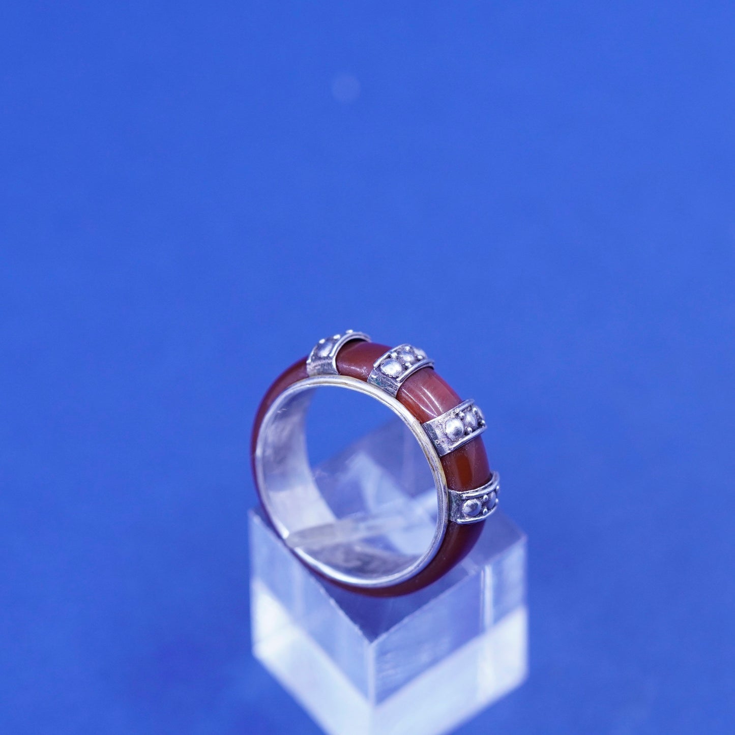 Size 7.5, Sterling Silver 925 Red Carnelian handmade Ring band with beads