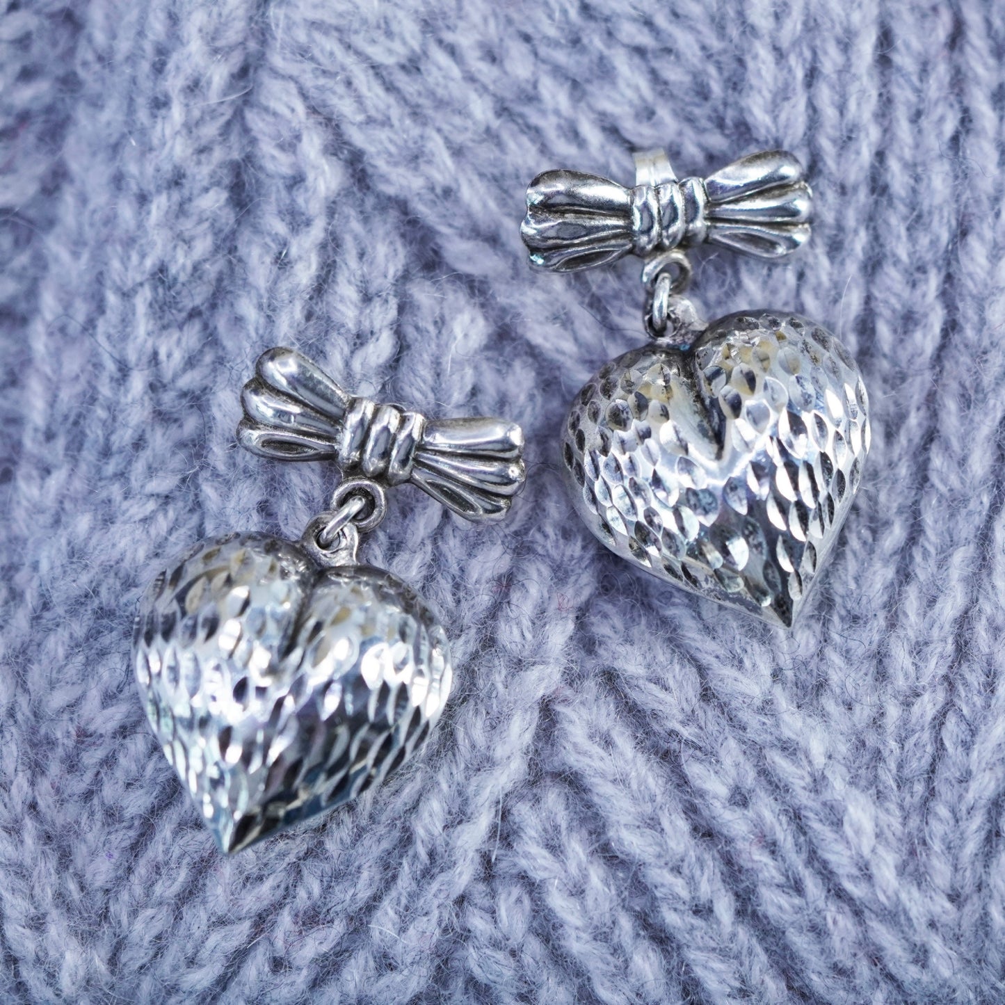 Vintage Sterling silver handmade earrings, textured 925 puffy heart drops