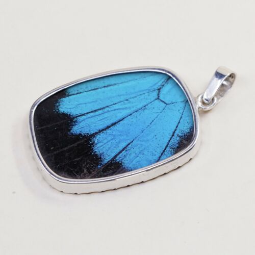 Vintage Sterling Silver Handmade Pendant, 925 With Resin Blue Butterfly Wing