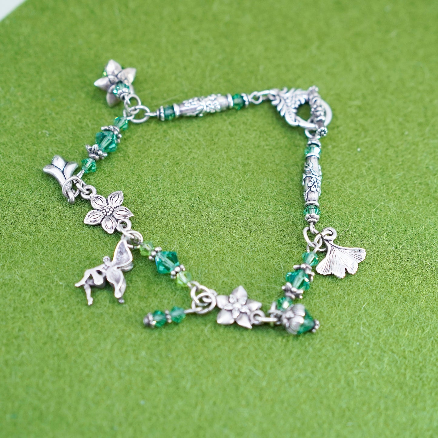 7”, Sterling 925 silver beads bracelet fairy flower charms green crystal