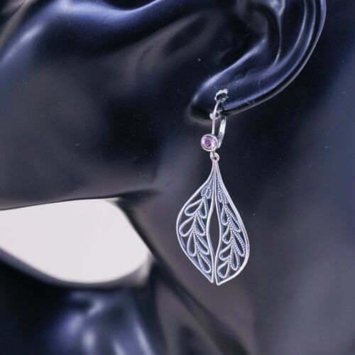 vtg Sterling 925 silver handmade earrings filigree leaf N Amethyst