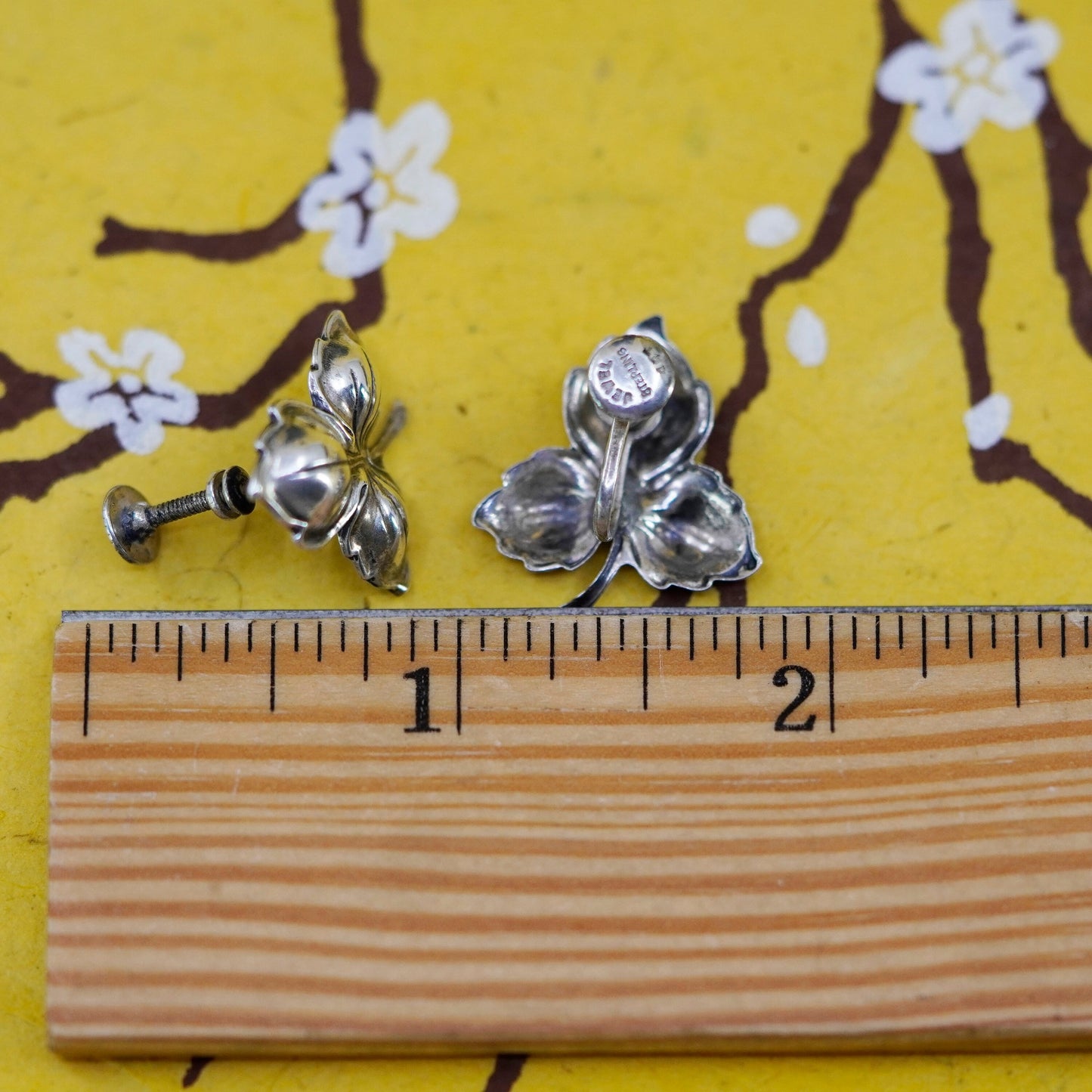 Vintage Jewel Sterling silver handmade screw back earrings, 925 leaf