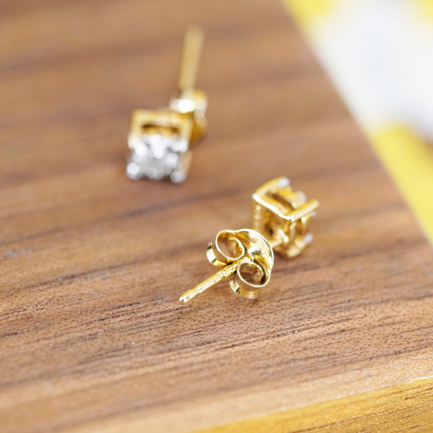 Vintage vermeil gold over Sterling silver earrings studs with genuine diamond