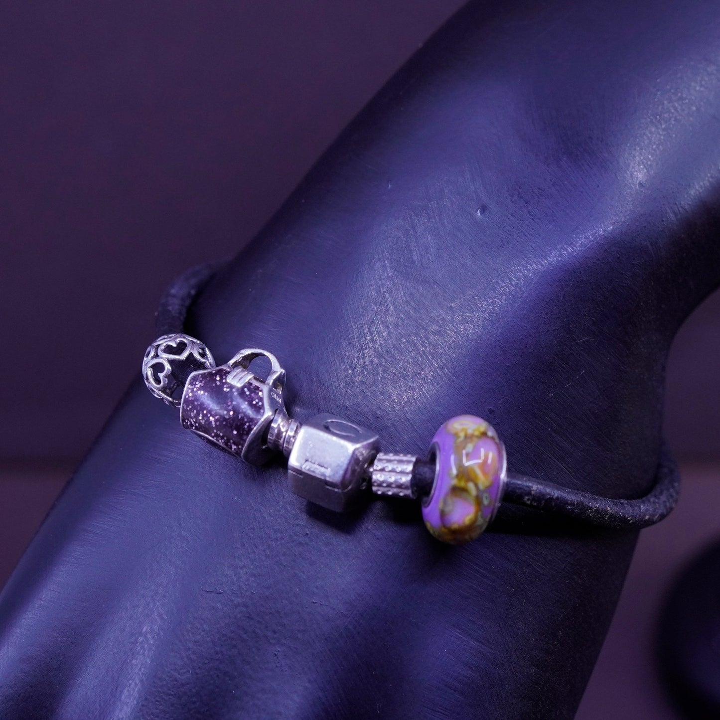 6.5”, CHAMILIA CHAM sterling silver bracelet, 925 leather core Murano glass