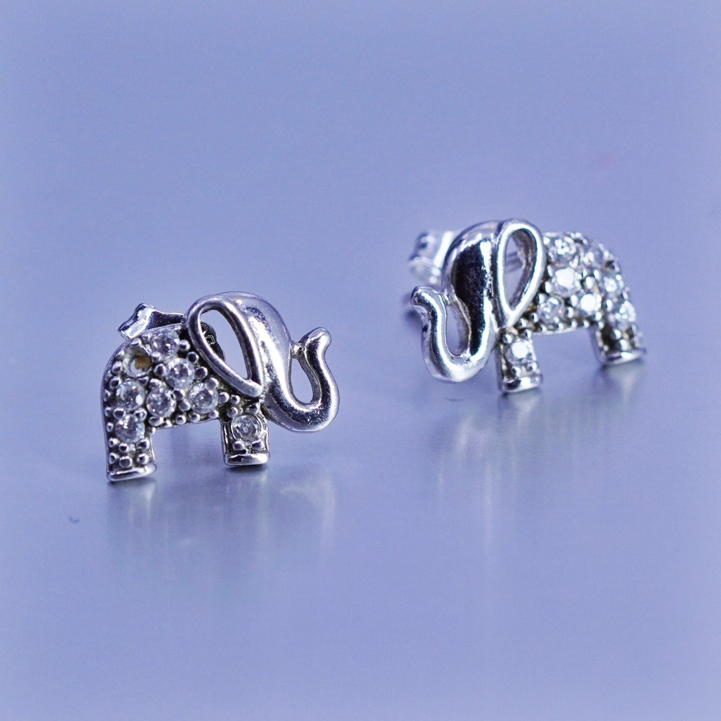 Vintage Sterling 925 silver handmade elephant earrings, studs with cz