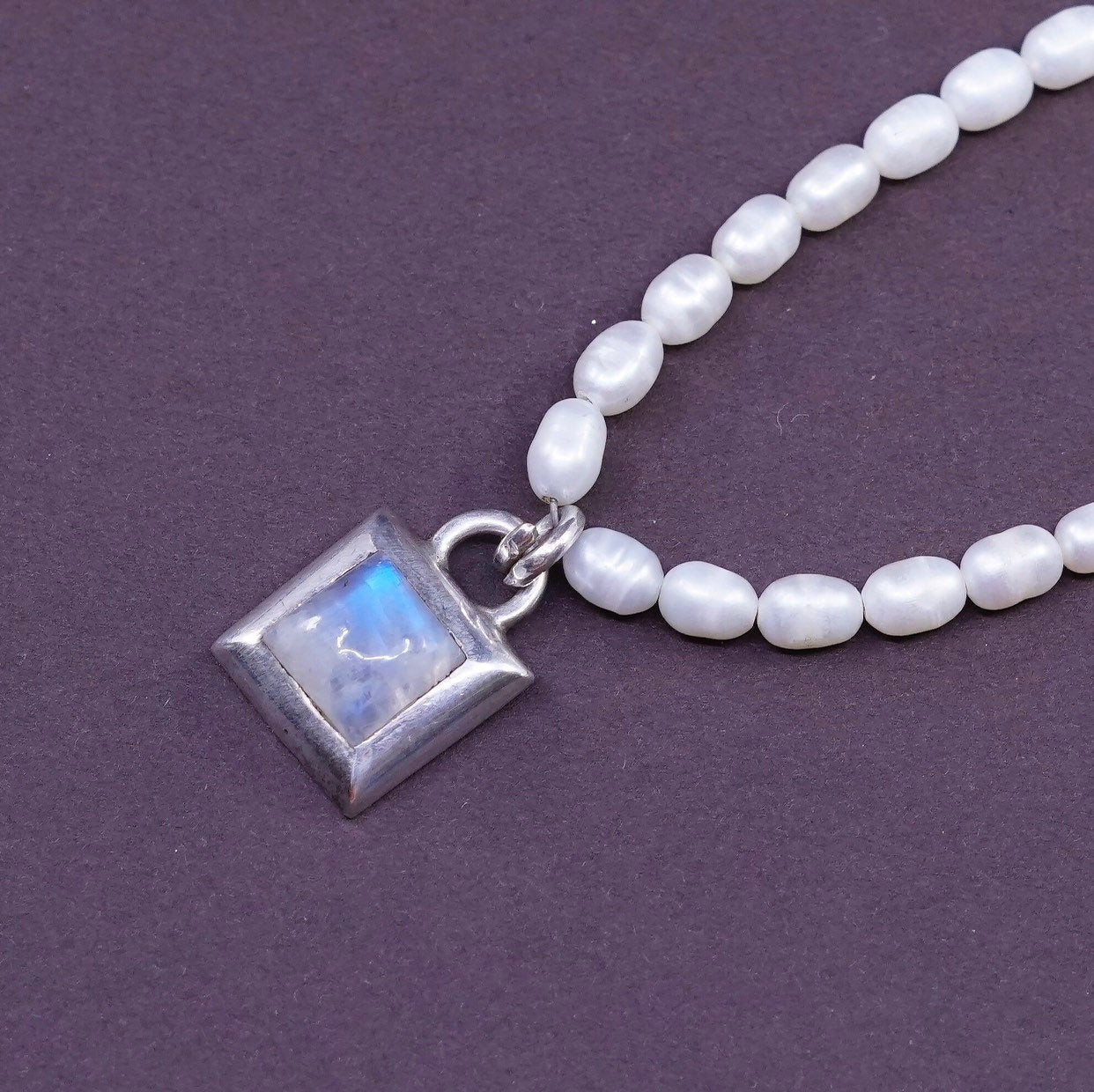 14", Sterling silver handmade necklace, 925 pendant w/ moonstone N pearl bead
