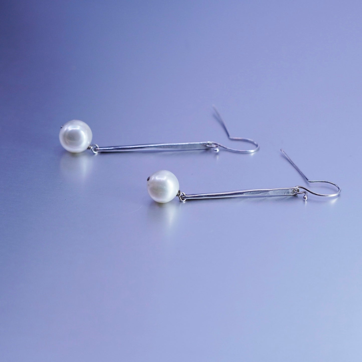 2.5”, Vintage Sterling 925 silver handmade bar earrings with pearl beads