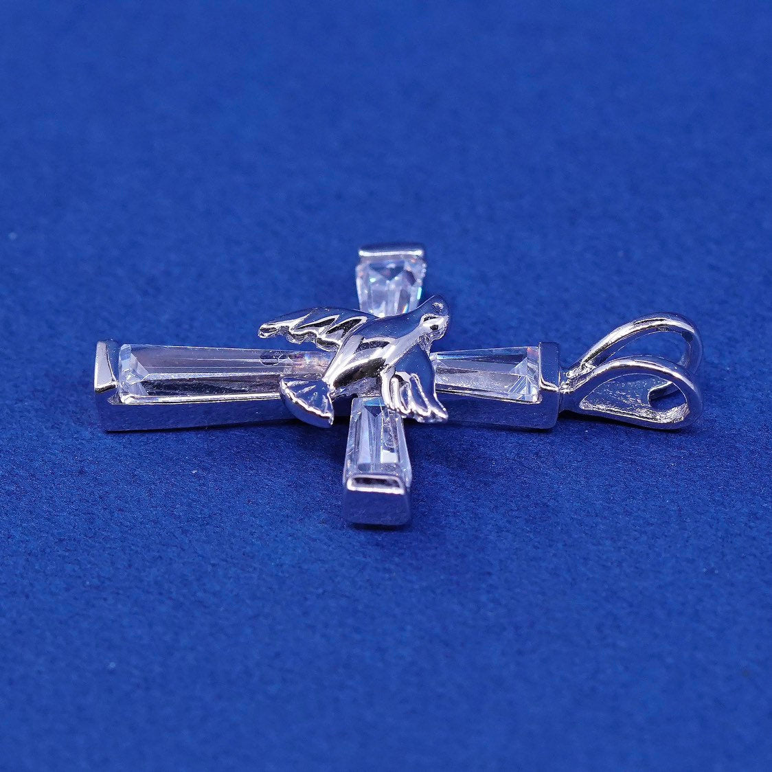 vtg Han Sterling silver handmade pendant, 925 cross w/ bird and crystal