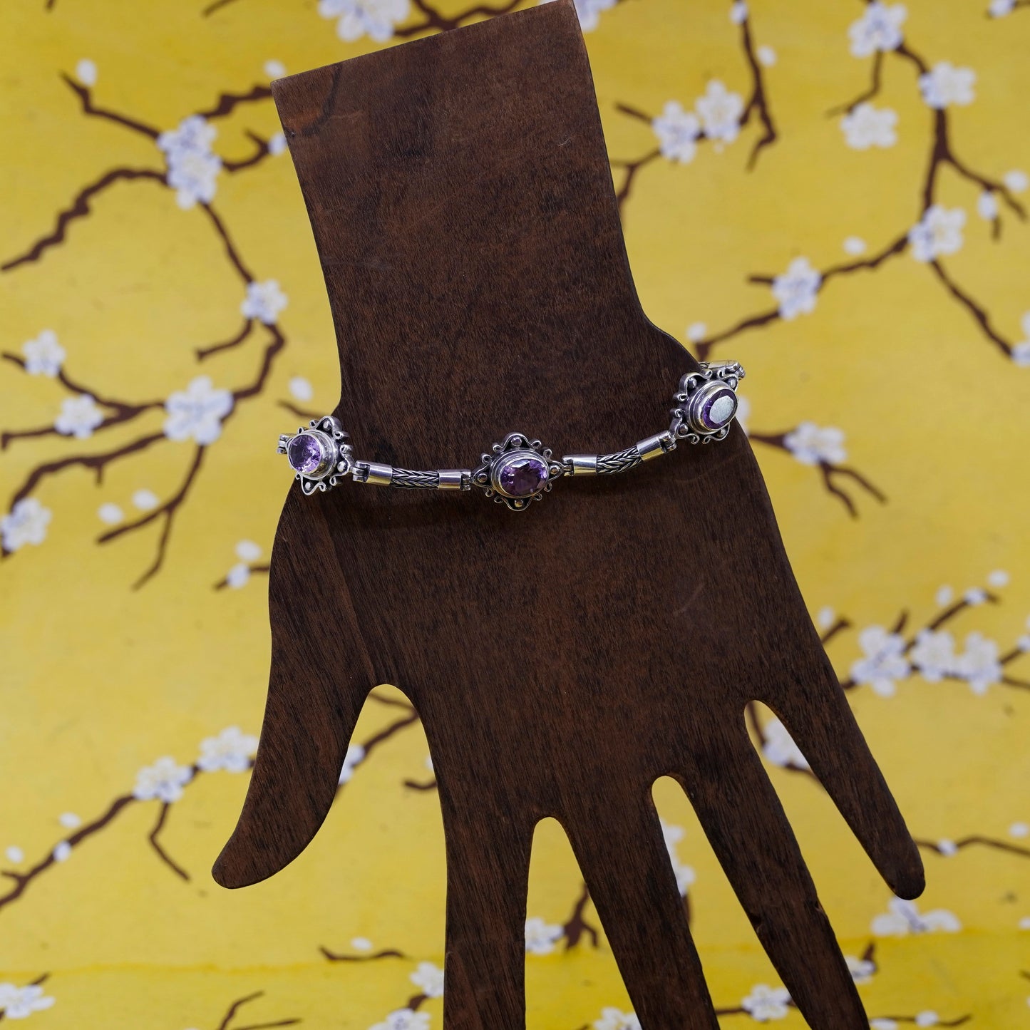 7.25”, Sterling silver handmade bracelet, bold 925 wheat chain amethyst