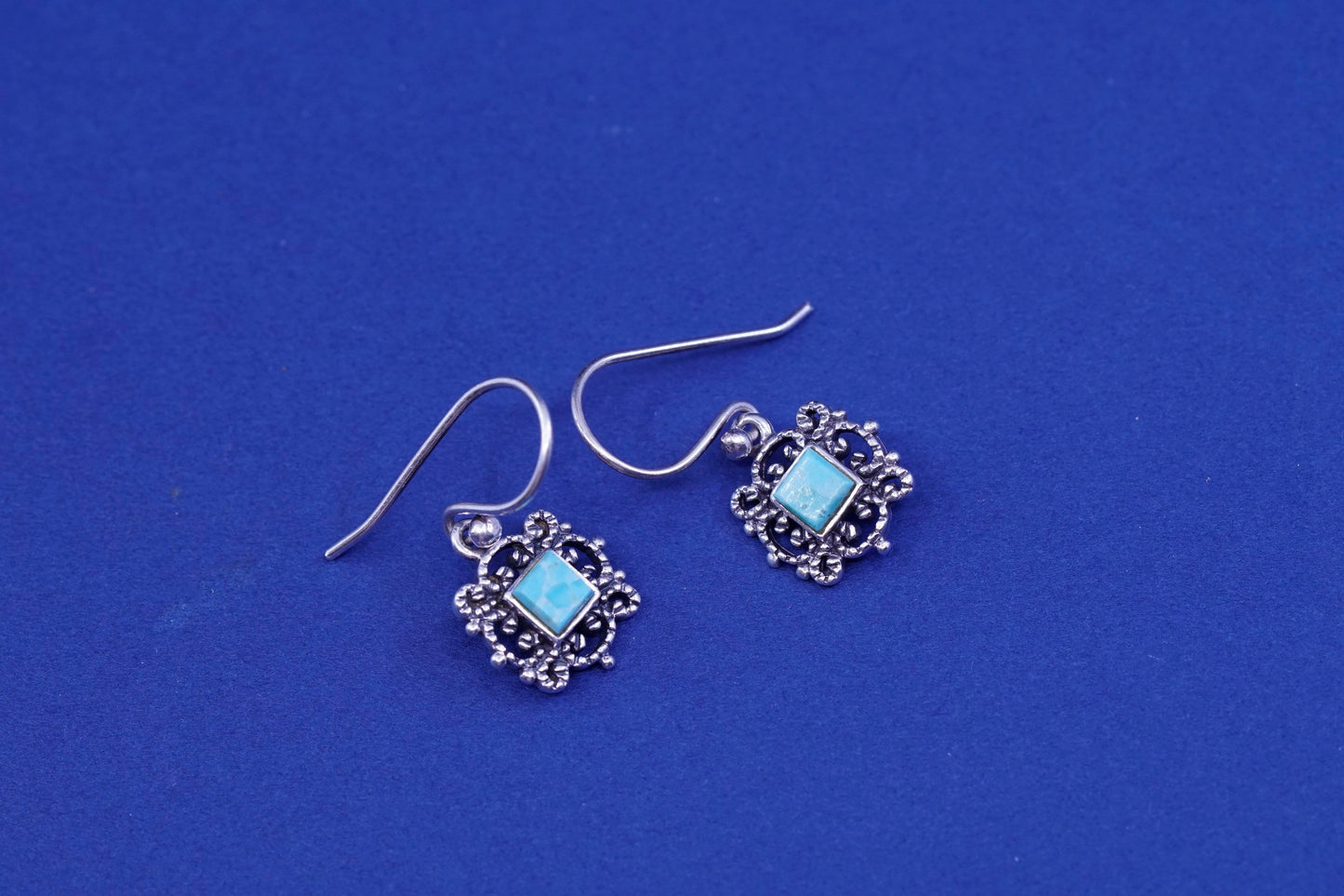 Vintage Sterling 925 silver handmade filigree earrings with square turquoise