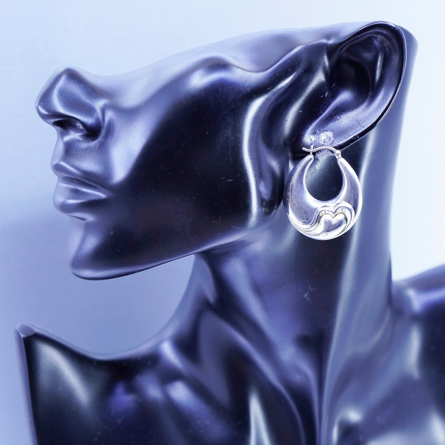 1.25”, vintage Sterling silver handmade earrings, puffy 925 ribbed hoops heart