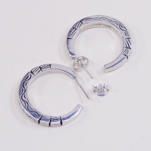 1”, Vtg 925 Sterling Silver Handmade Hoop Earrings, 925 Studs Textured huggie