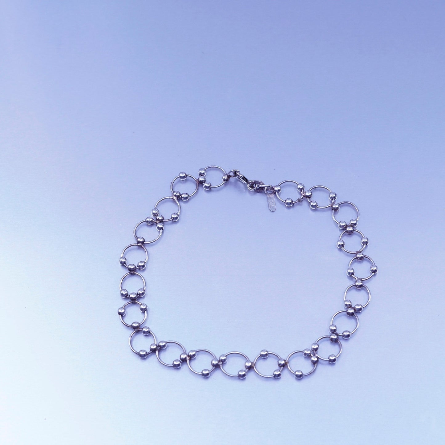 8.5”, Sterling 925 silver handmade bracelet, circle link charm chain with beads