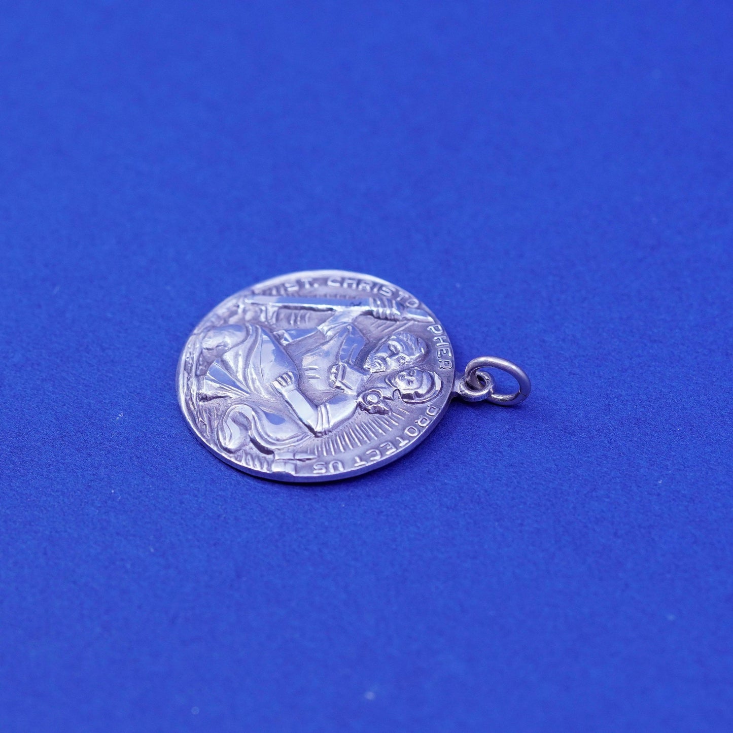 Vintage sterling 925 silver tag pendant, Saint Christopher protect us charm