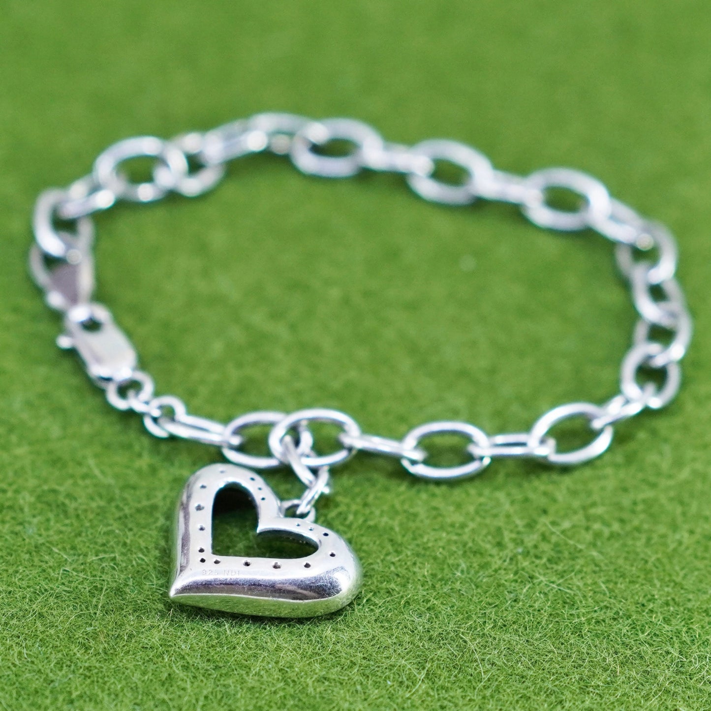 7”, sterling silver bracelet bold 925 circle chain heart charm cluster diamonds