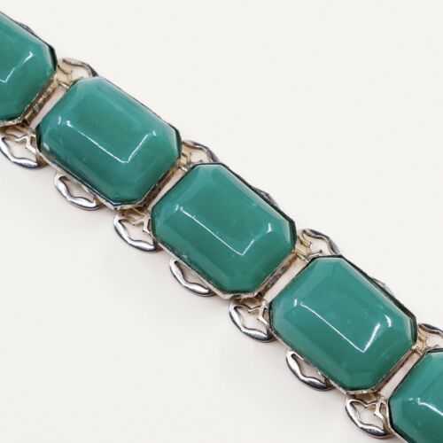 7”, Vintage Statement Sterling Handmade Bracelet, Solid 925 Silver W/ Jade Inlay