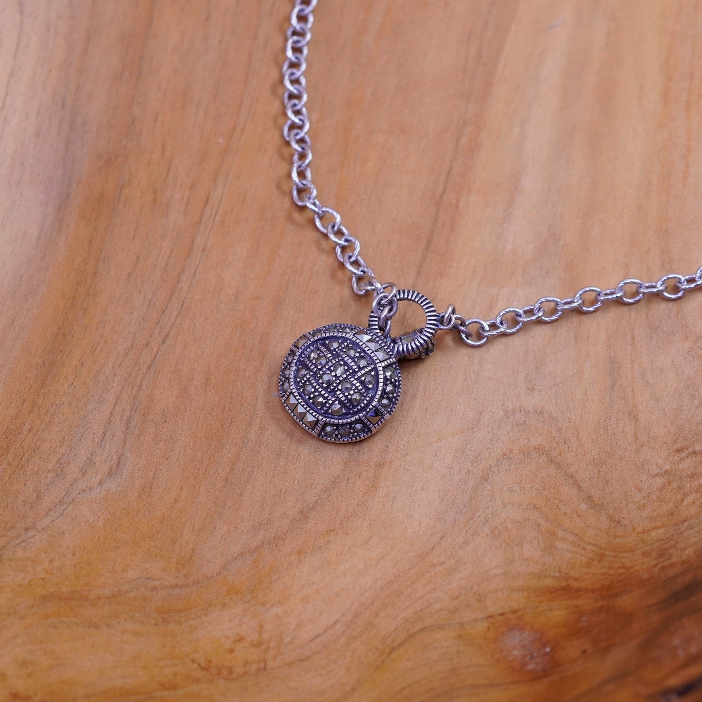 18”, Judith Jack Sterling silver necklace, 925 circle chain pendant marcasite