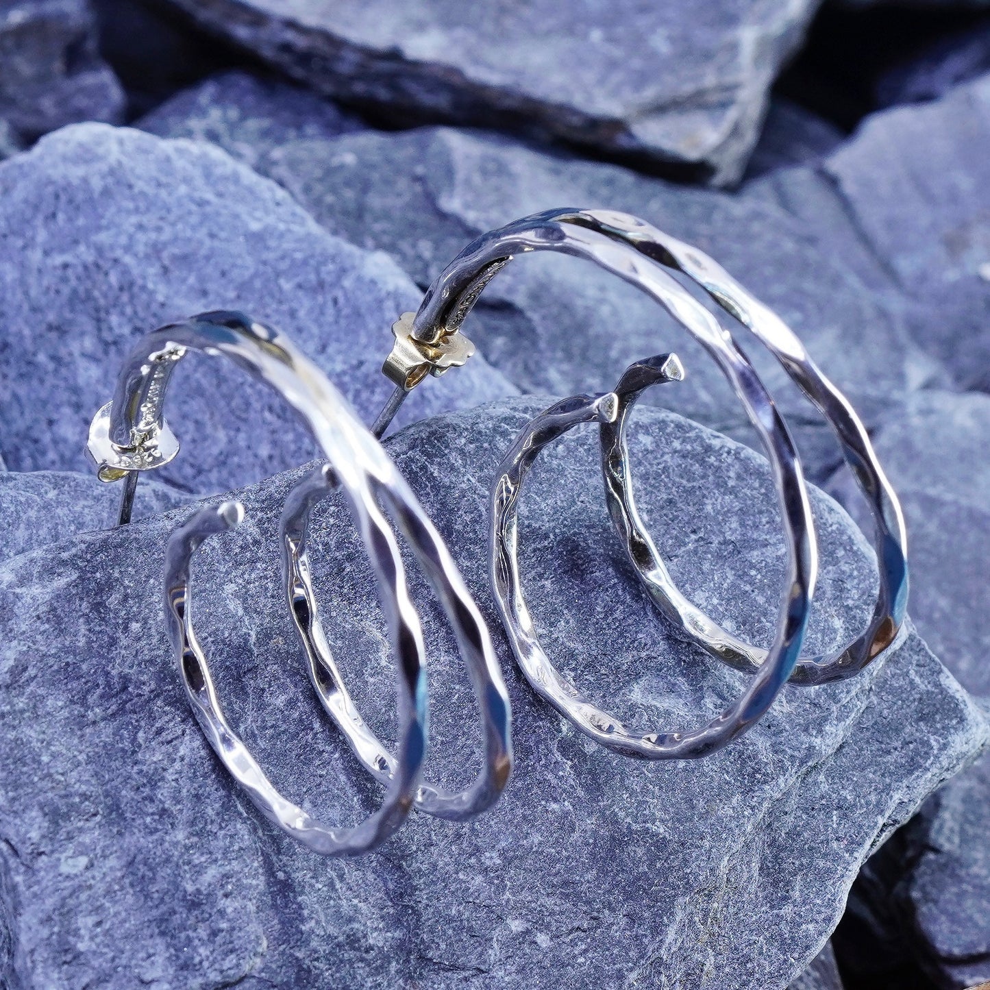 1.25”, vintage Sterling silver hoop earrings, textured 925 huggie hoops