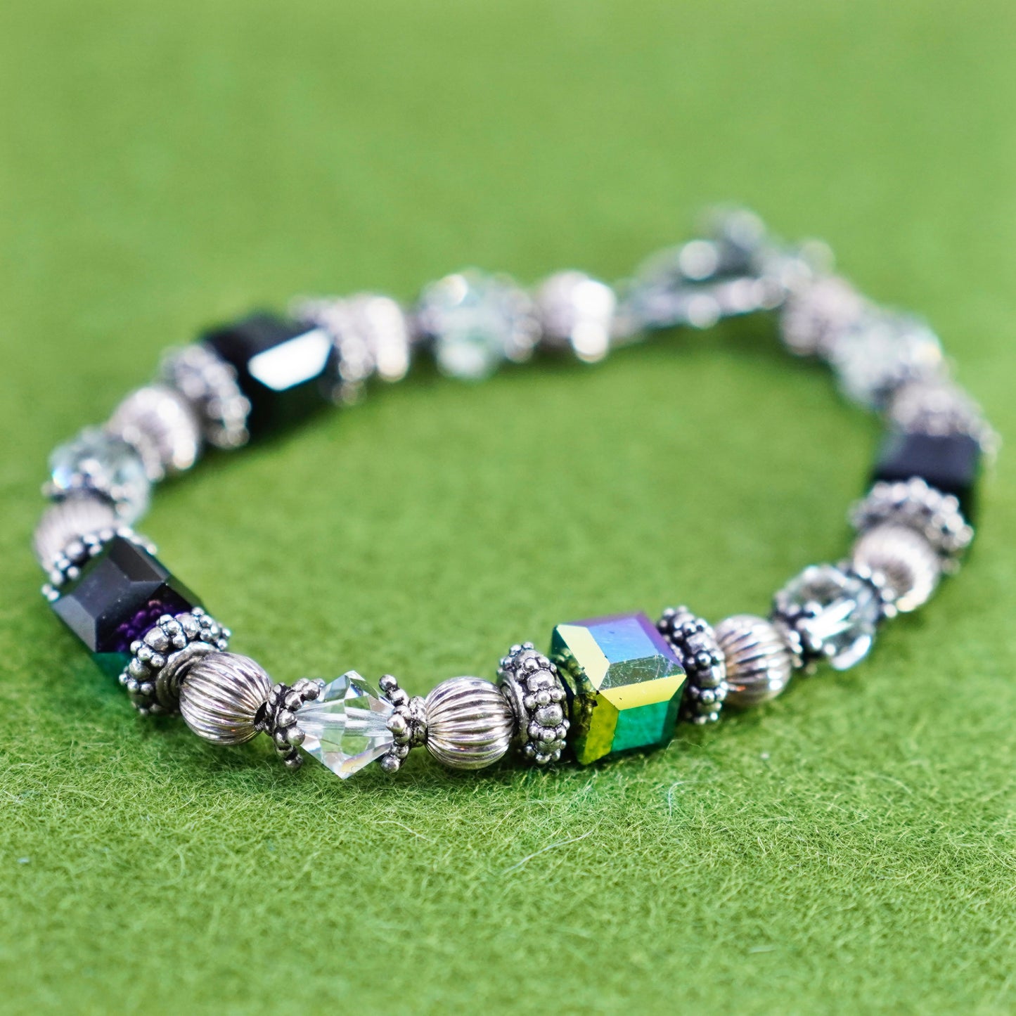 6.75”, Vintage Sterling silver handmade bracelet, 925 beads with pink crystal