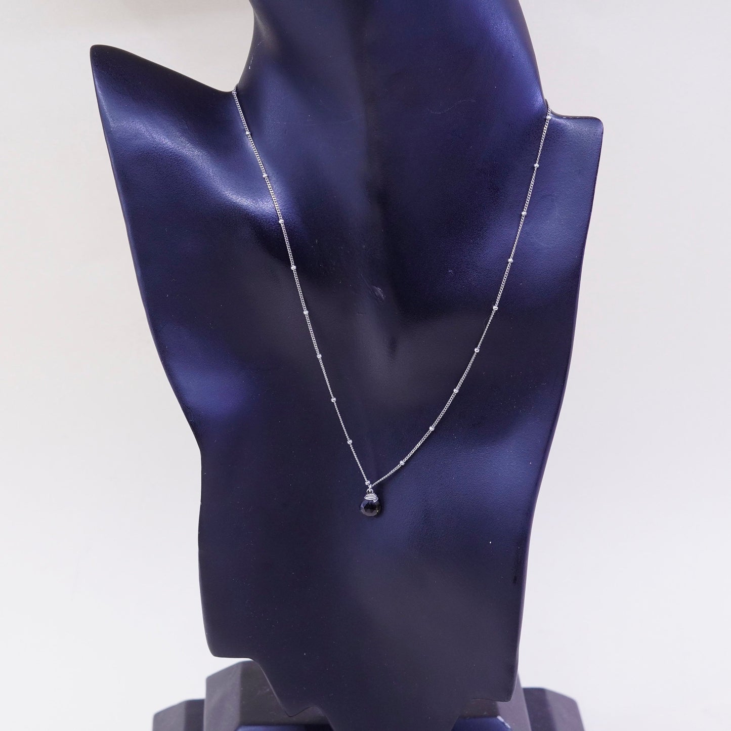 16”, vtg sterling silver necklace, teardrop crystal pendant bead circle chain