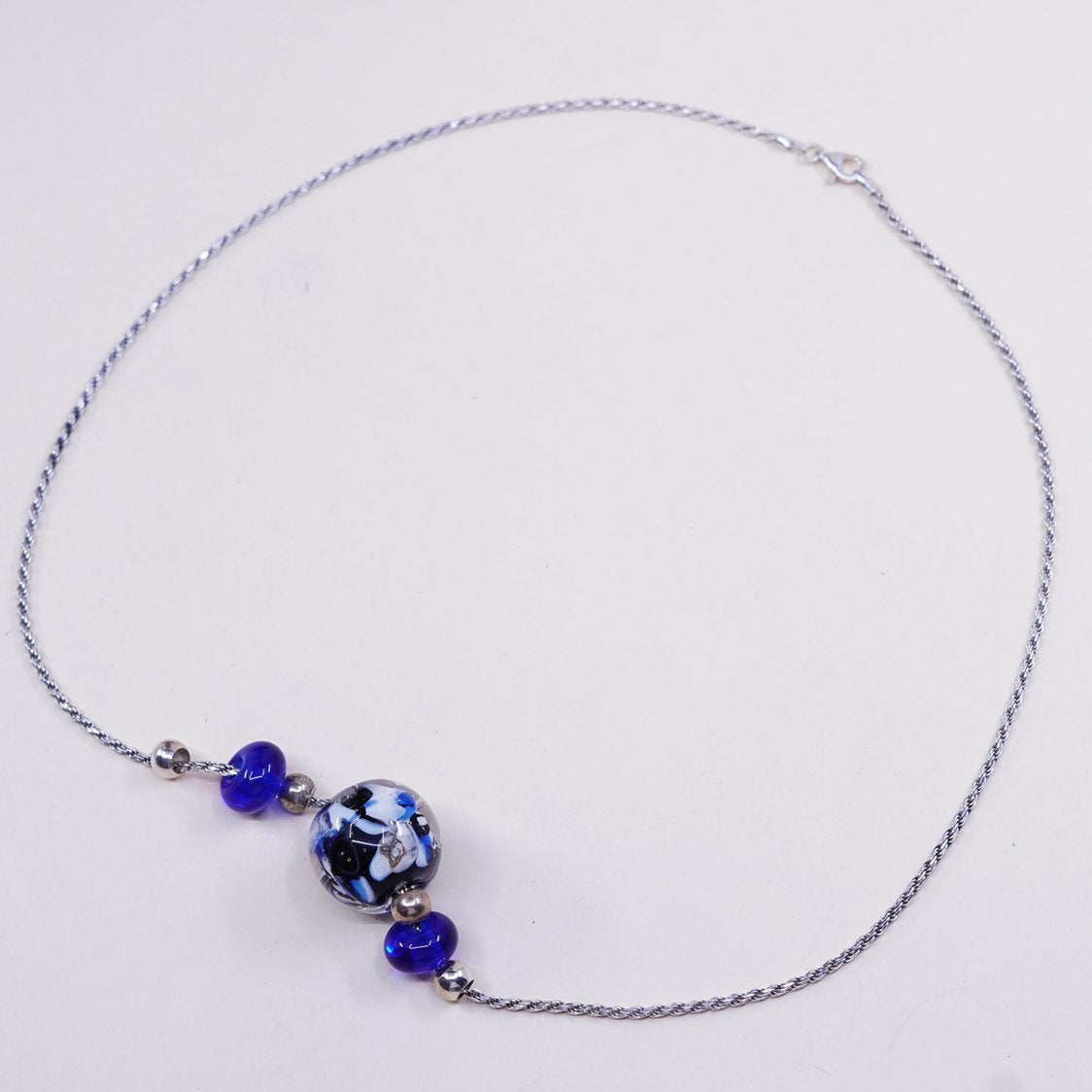 20", vtg sterling silver handmade necklace, 925 rope chain w/ glass pendant