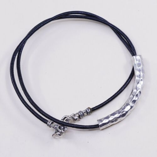 18”, Vtg Handmade Sterling 925 Silver Slide Pendant W/ Black Leather Necklace