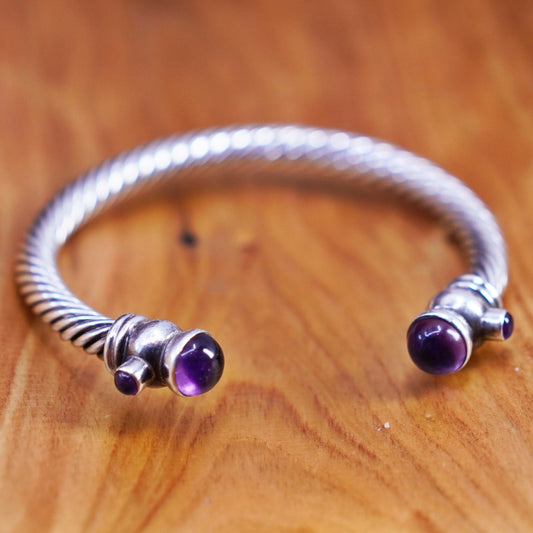 8.5”, vintage Sterling silver handmade bracelet, 925 cable cuff with amethyst