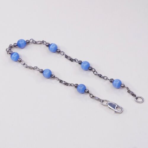 7.75”, Vtg Sterling 925 Silver Handmade Bead Bracelet, Blue Tiger’s Eye beads