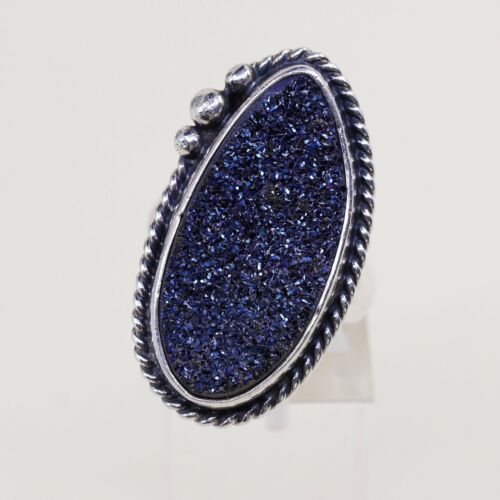 Sz 6, Vtg Sterling 925 Silver Handmade Ring w/ Obsidian Blue Druzy, Stamped