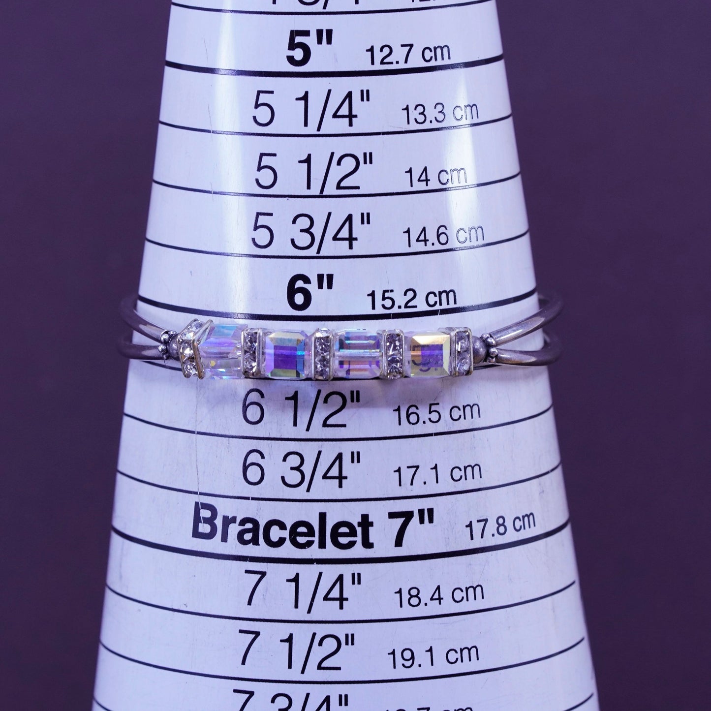6”, vtg Sterling silver handmade beads bracelet, 925 bar with crystal and cz