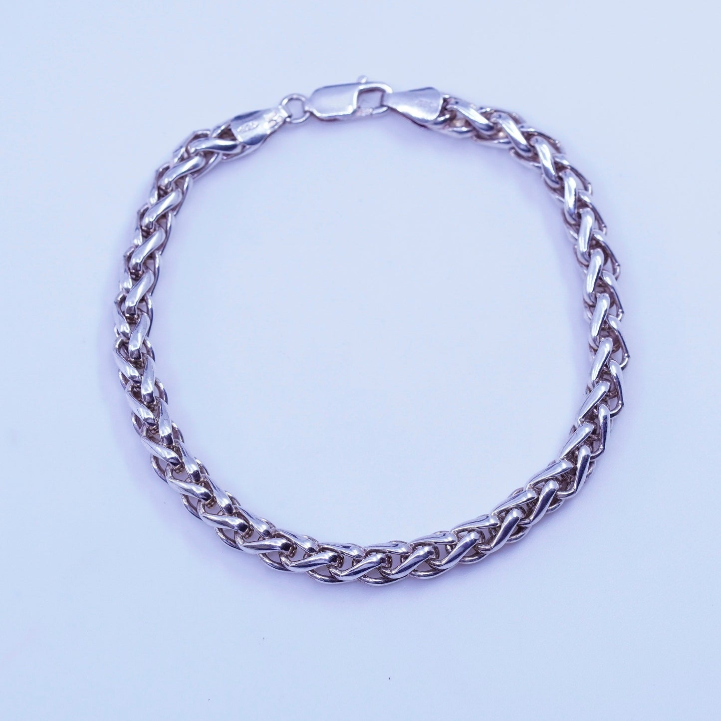 7”, Italy sterling 925 silver handmade bracelet, bold wheat chain