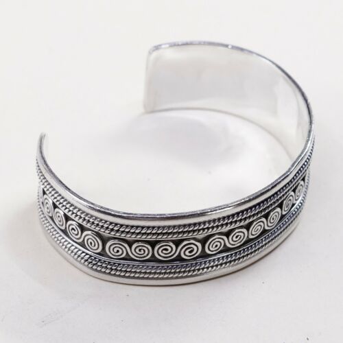 7”, Vtg Braid Sterling Handmade Cuff, 925 Silver Bracelet W/ Cable N Swirl