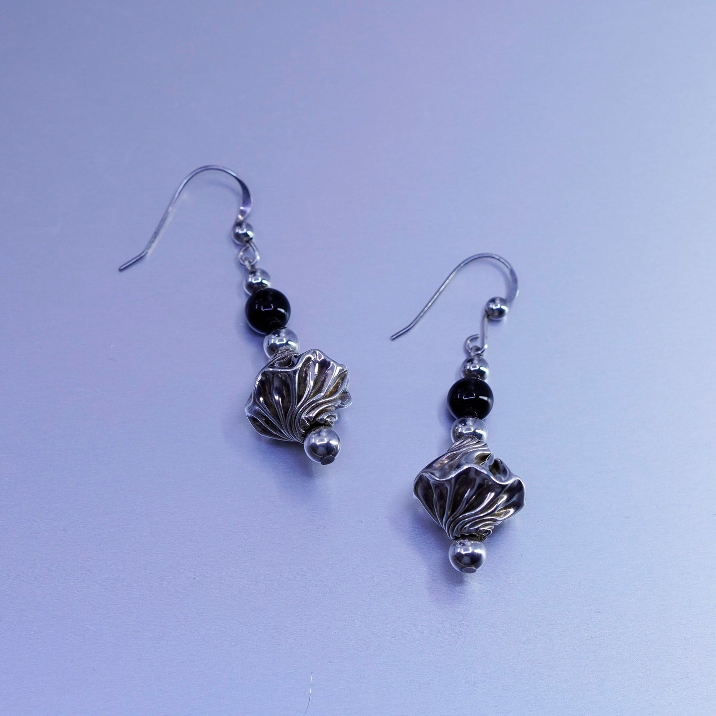 Vintage Sterling 925 silver handmade twisted earrings drops with obsidian beads