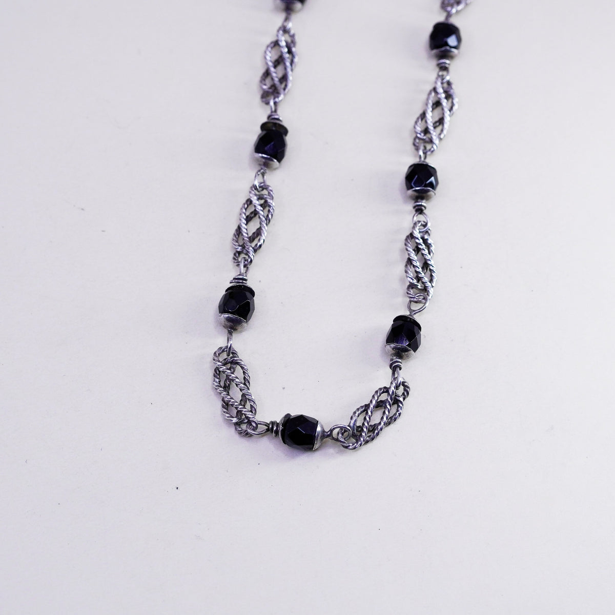 20”, Vintage onyx bead with sterling 925 silver entwined link chain necklace