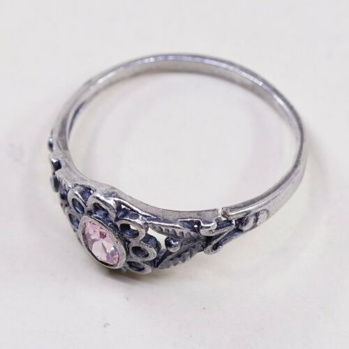 Sz 7.25, Vtg Sterling Silver Ring, 925 Silver Engagement Ring W/ pink Crystal
