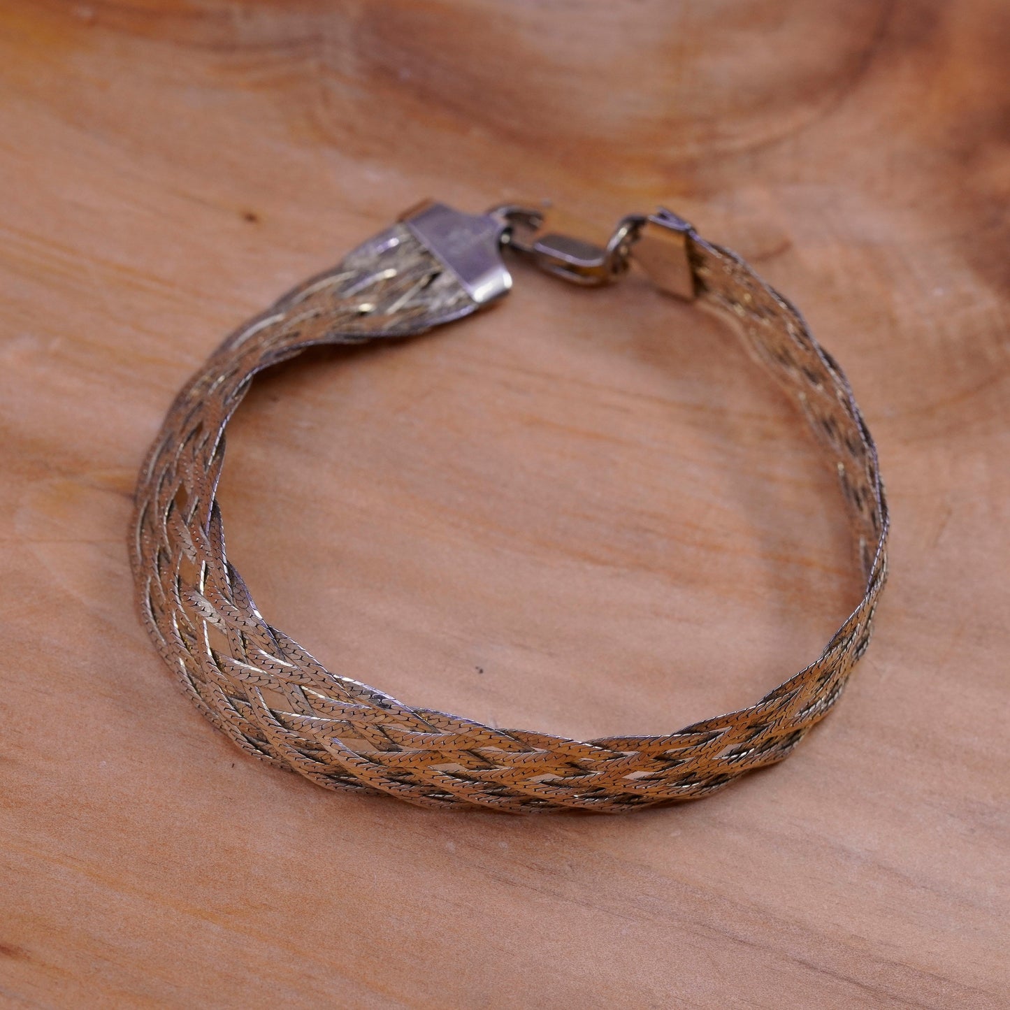 7.25”, Vintage vermeil gold Sterling silver braided woven herringbone bracelet