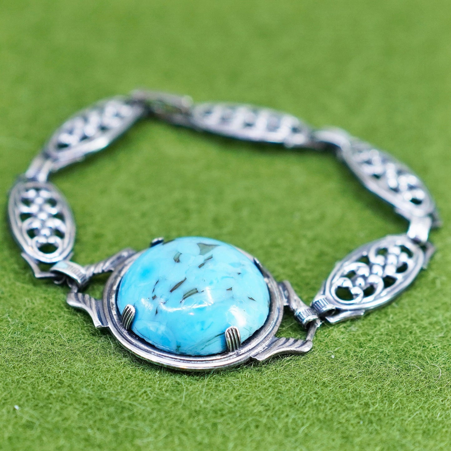 6.25”, Sterling Silver 925 filigree floral chain Bracelet manmade turquoise