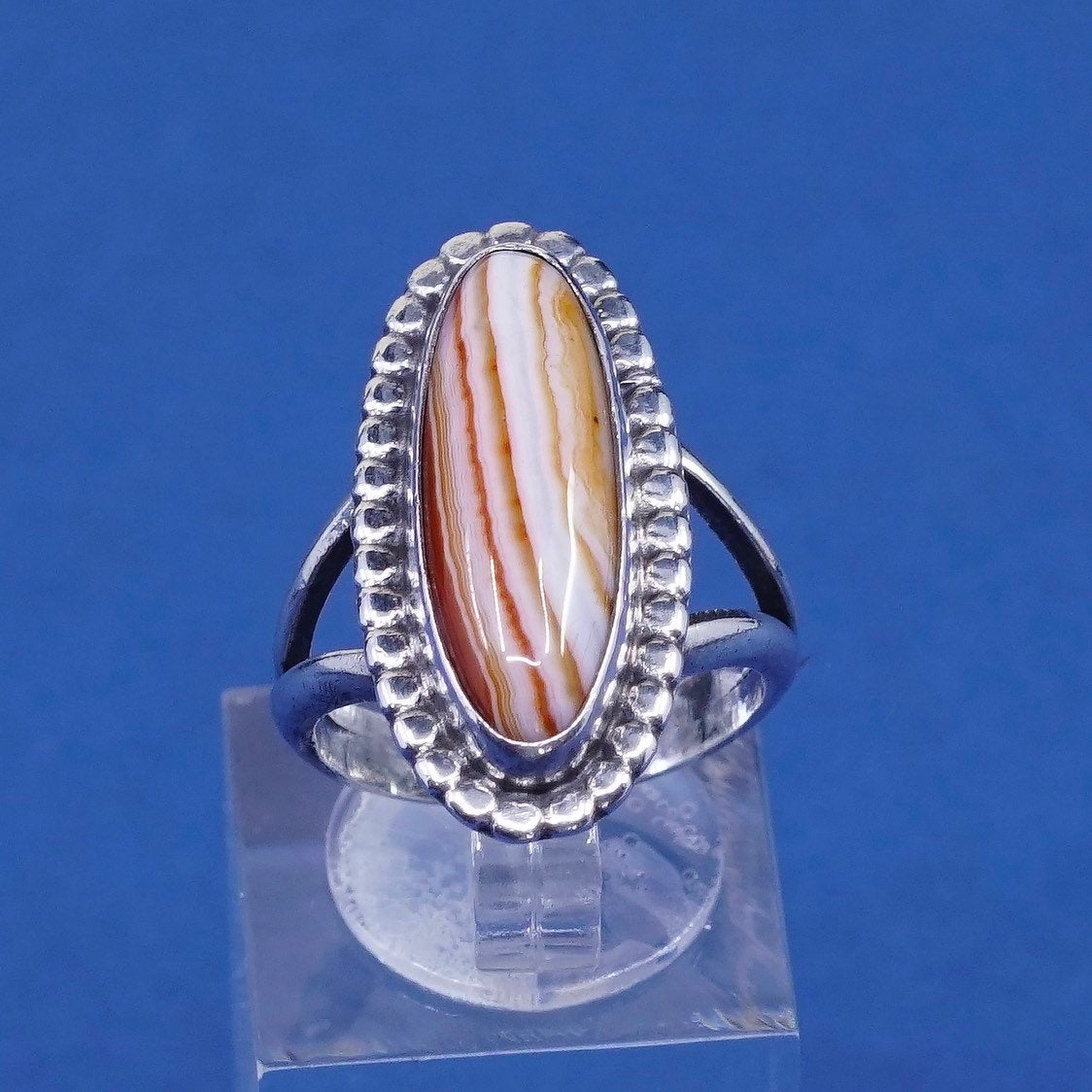 sz 6, vtg Sterling silver handmade ring, 925 w/ red lace agate N beads