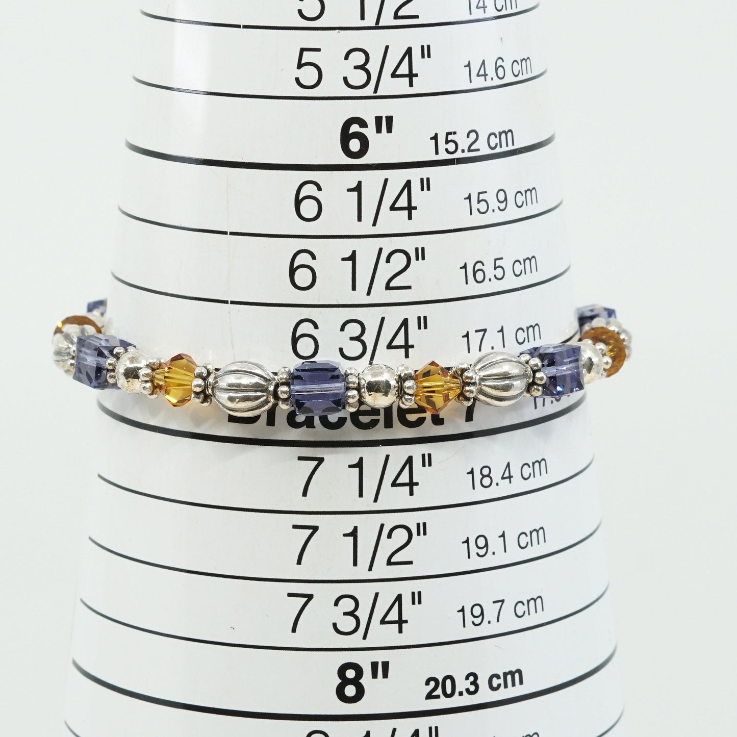 7", VTG Sterling 925 silver handmade bracelet w/ purple, yellow Swarovski beads
