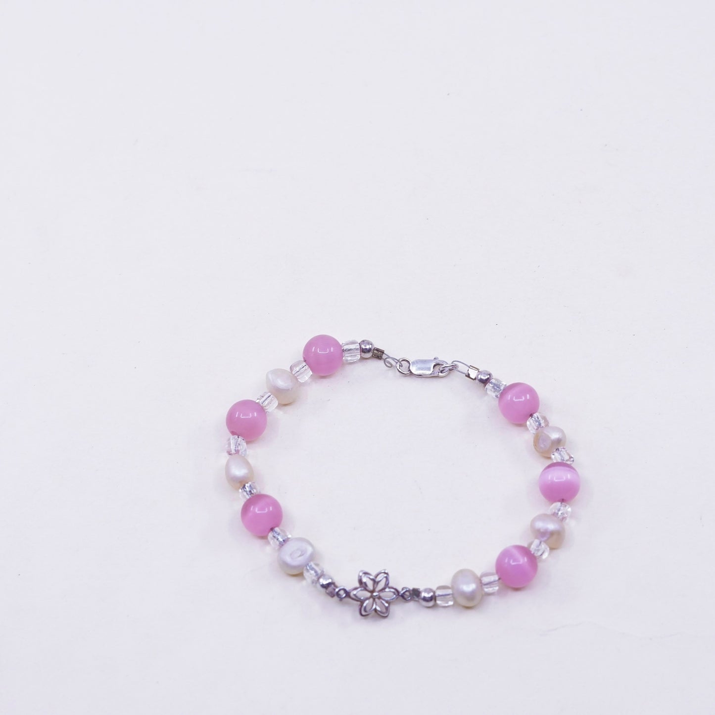 7”, handmade bracelet pearl pink cat eye beads sterling 925 silver flower