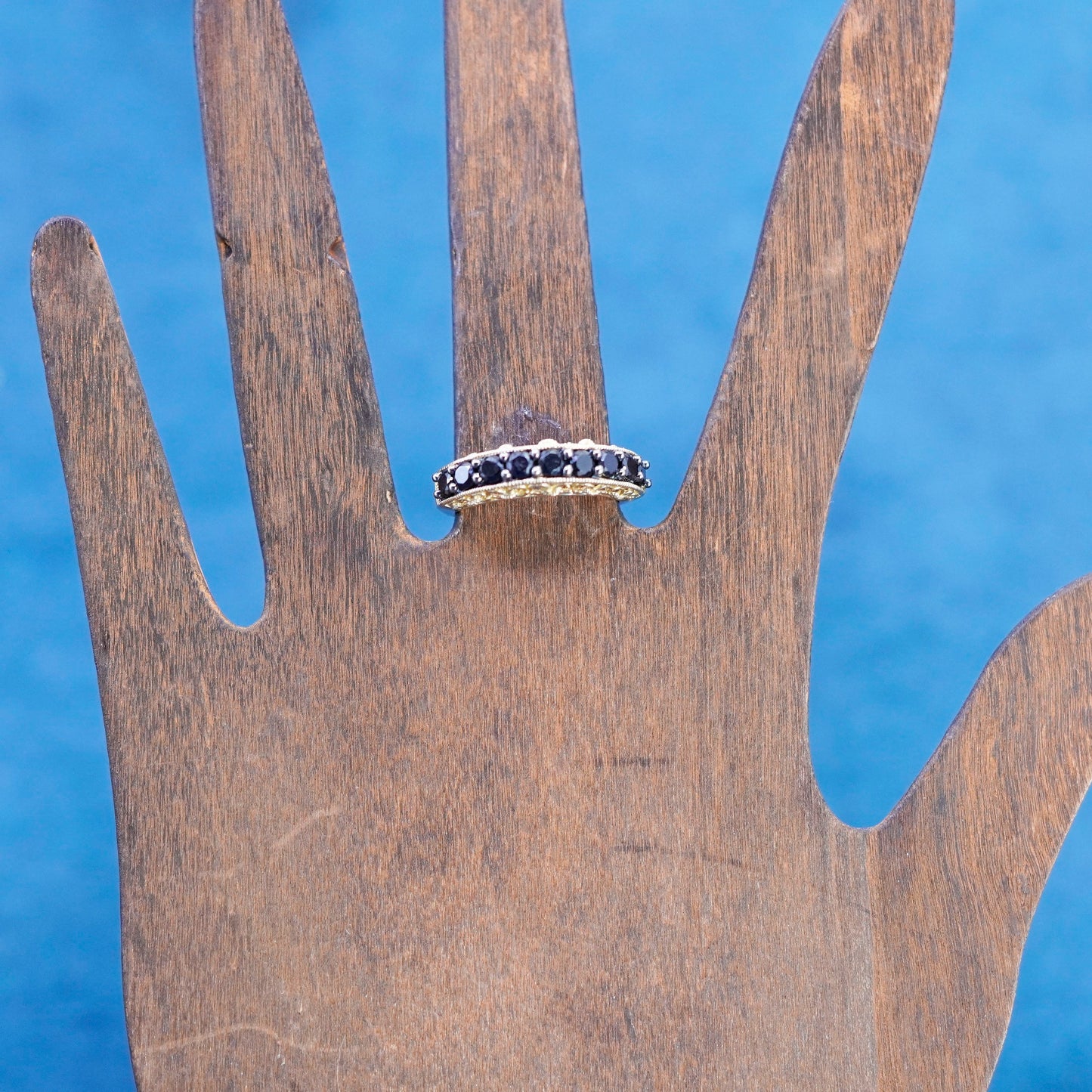 Size 7, Vintage Sterling silver ring, vermeil gold over 925 band with obsidian