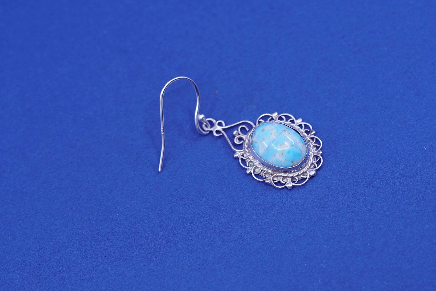 Vintage Sterling 925 silver handmade filigree earrings with oval turquoise