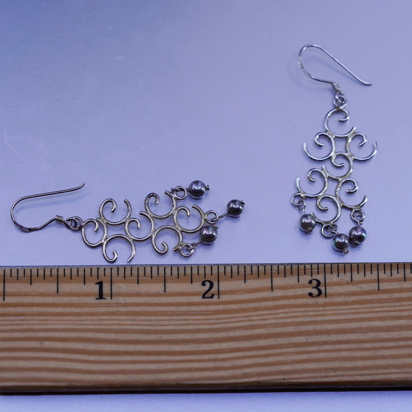 Vintage Sterling 925 silver handmade swirly earrings with beads