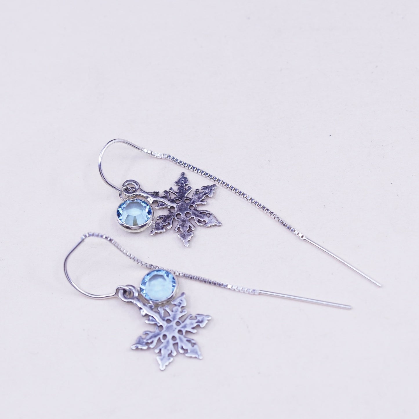Vintage sterling silver handmade earrings, 925 snowflake drops with blue inlay